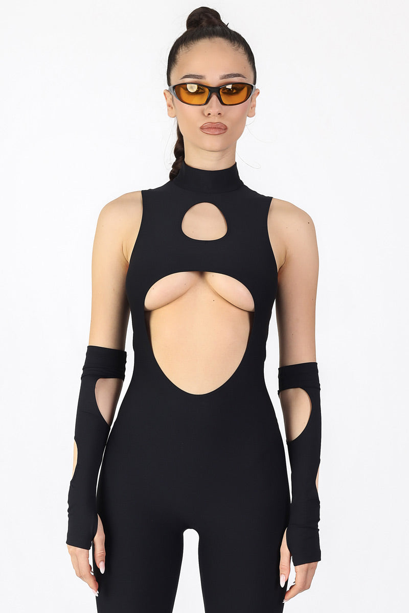 All Black Cut Out Rave Catsuit with Keyhole | Devil Walking