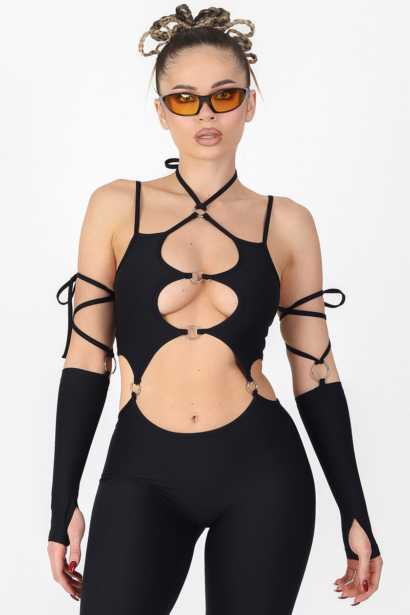 Black Cut Out O-Ring Jumpsuit Close View