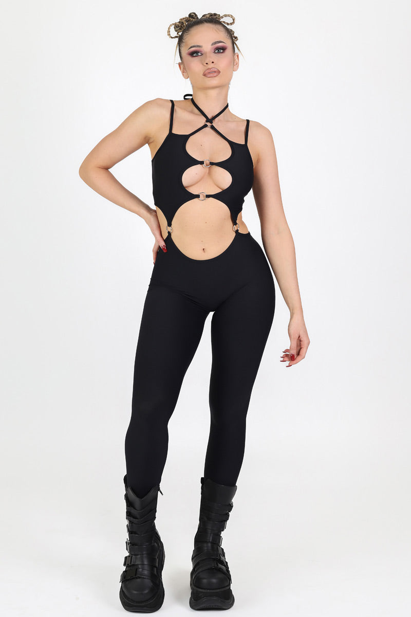 Black Cut Out O-Ring Jumpsuit Full View