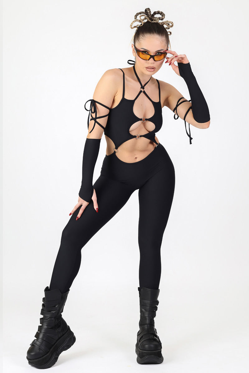 Black Cut Out O-Ring Jumpsuit Side View