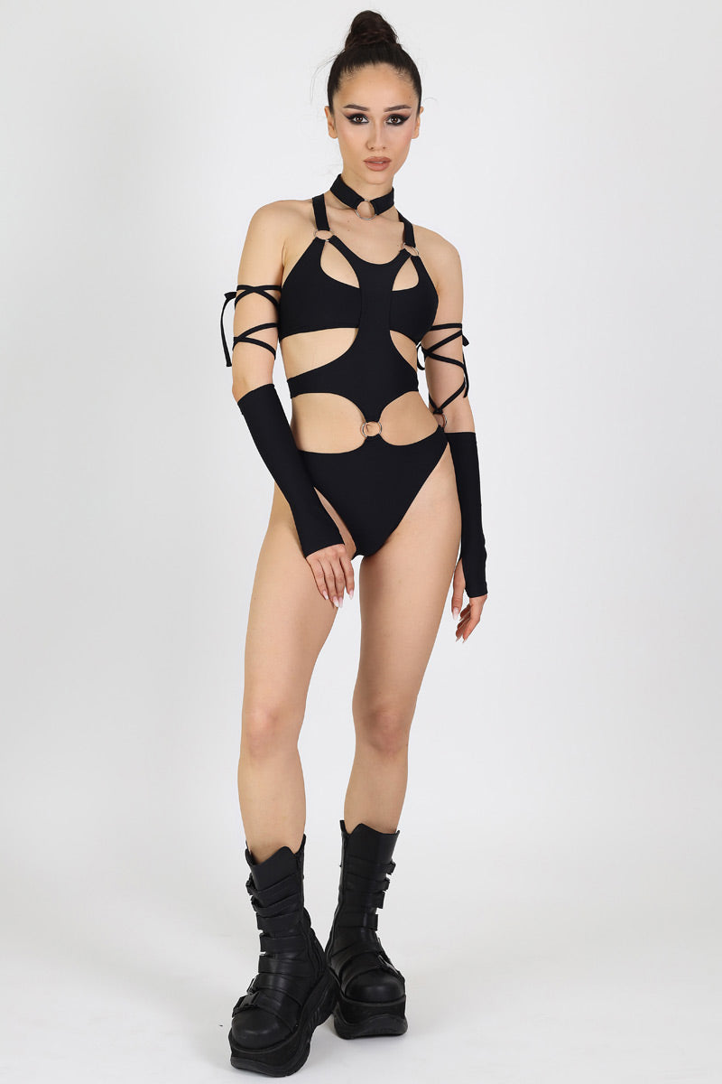 Black Strappy Cut Out Bodysuit Full View