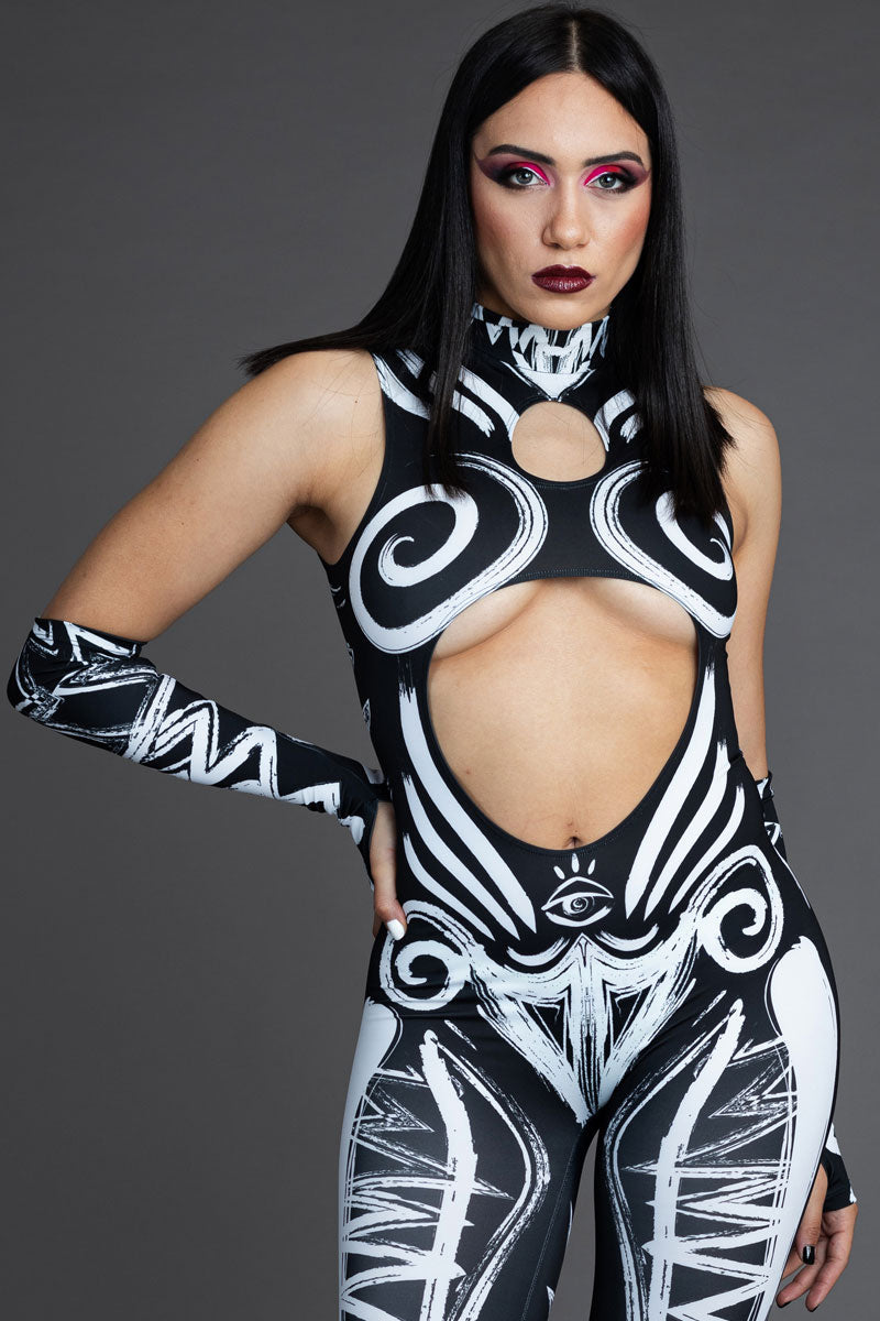 Call of the Tribe Cut Out Rave Catsuit in Black and White | Devil Walking Call of the Tribe Cut Out Rave Catsuit in Black and White | Devil Walking