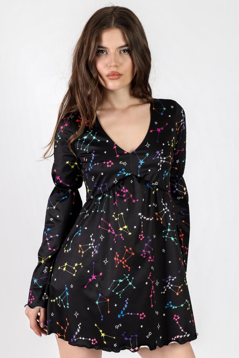 Colorful Constellation Long Sleeve Summer Dress in Black | Devil Walking Colorful Constellation Long Sleeve Summer Dress in Black | Devil Walking