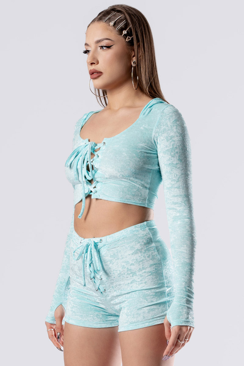 daydream-lace-up-shorts-set-blue-velvet-side-close-view