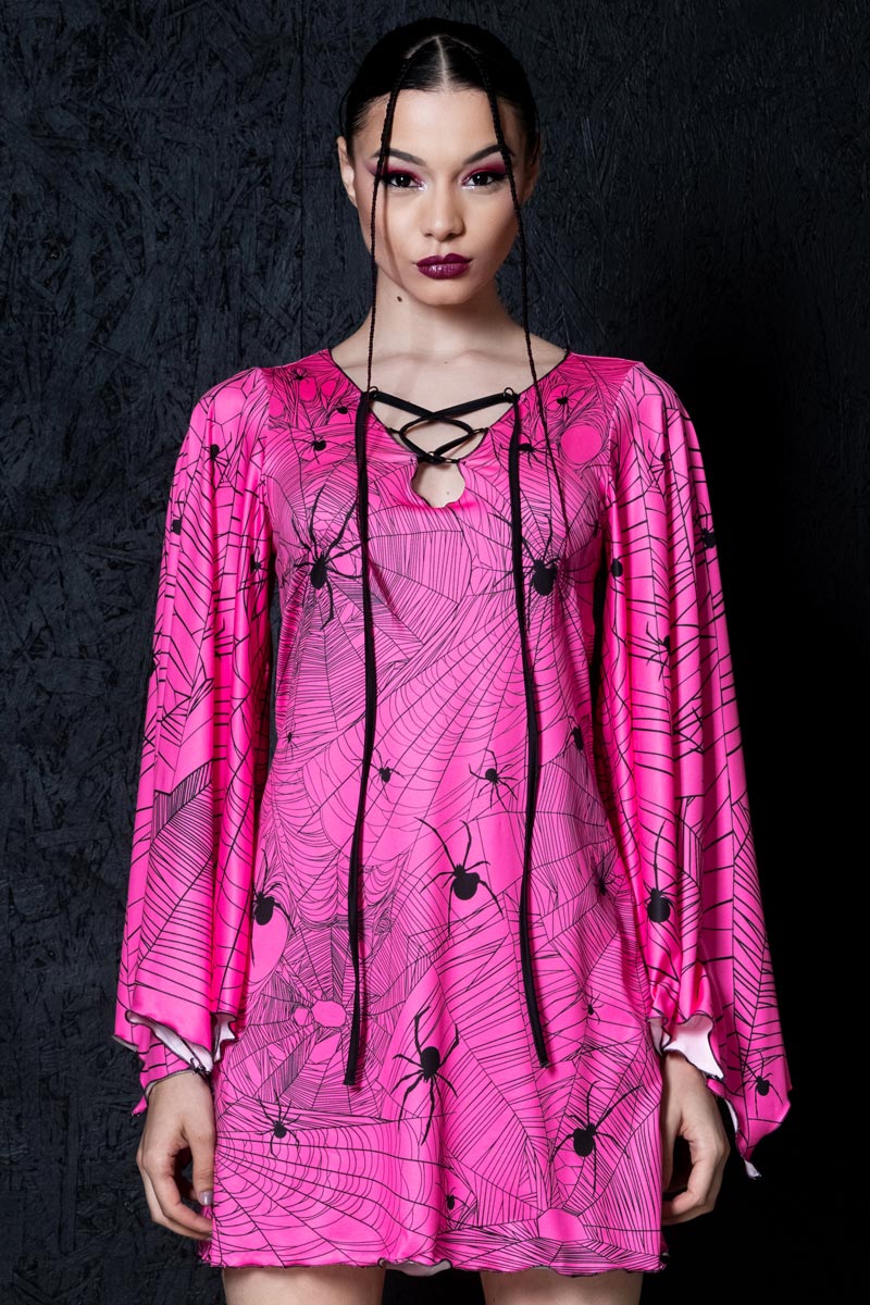 Hot Pink Spiderwebs Bell Sleeve Dress for Halloween | Devil Walking Hot Pink Spiderwebs Bell Sleeve Dress for Halloween | Devil Walking