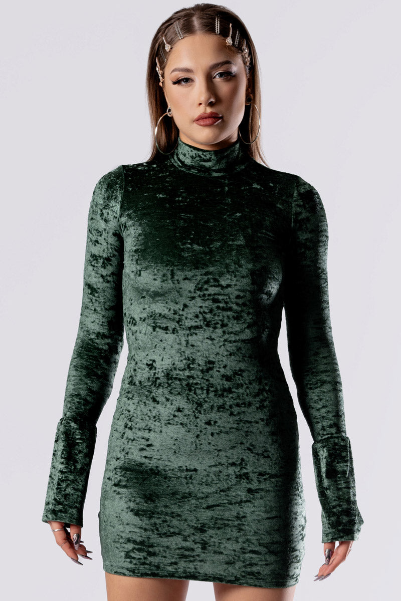 Moss Babe High Neck Bodycon Dress - Green Velvet