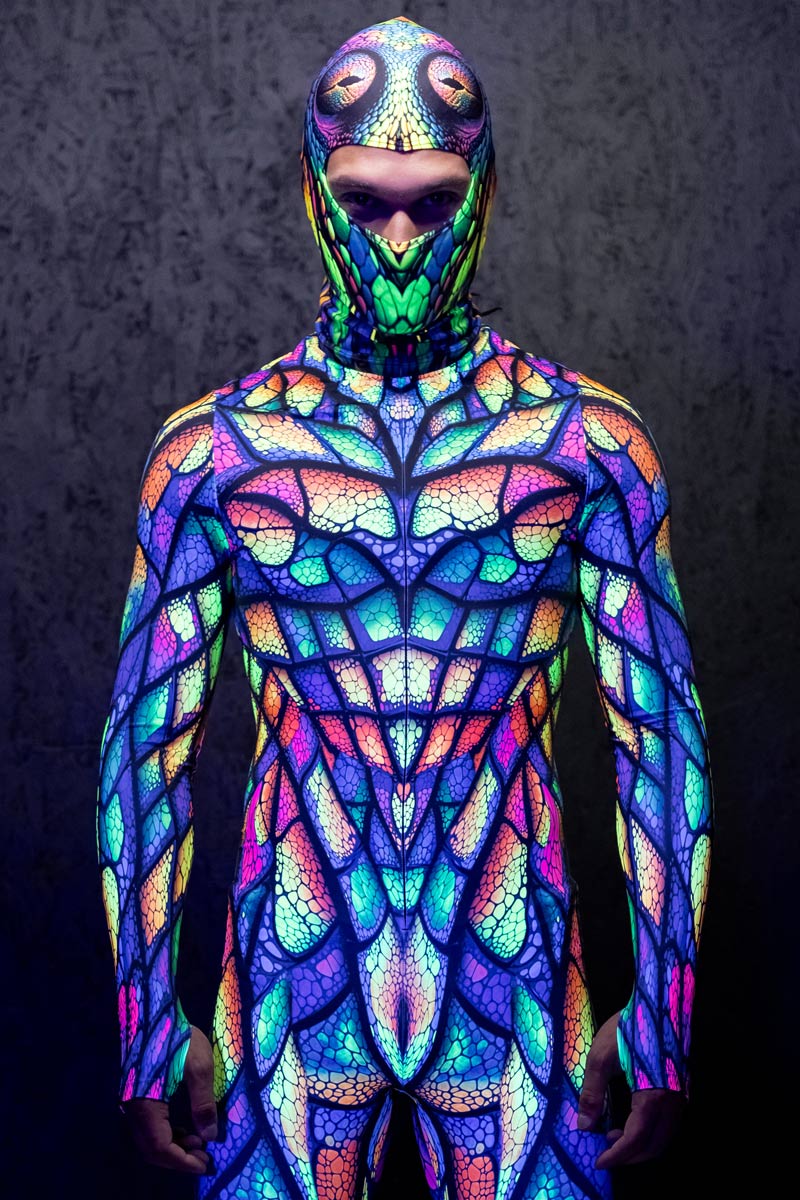mens neon fancy dress Chameleon Men's Costume This Neon Clown Costume color:Lemon Print on White Cettire Made: Portugal Sequin Cowl Neck Watercolor