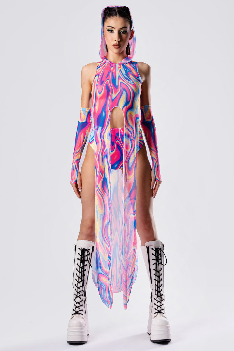 Neon Sweetness Mesh Hooded Tunic Dress