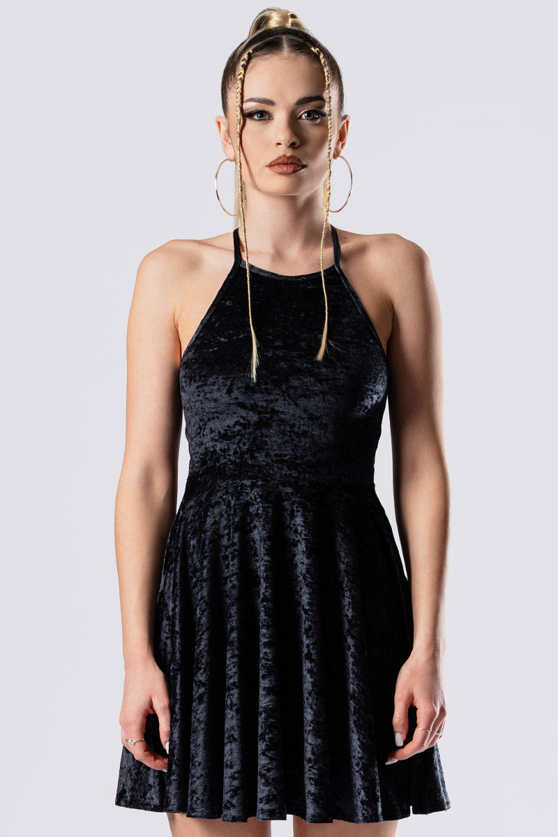 strapless open back dress Obsidian Muse Open Back Skater Dress – Black Velvet Fit and Flare Dress, M