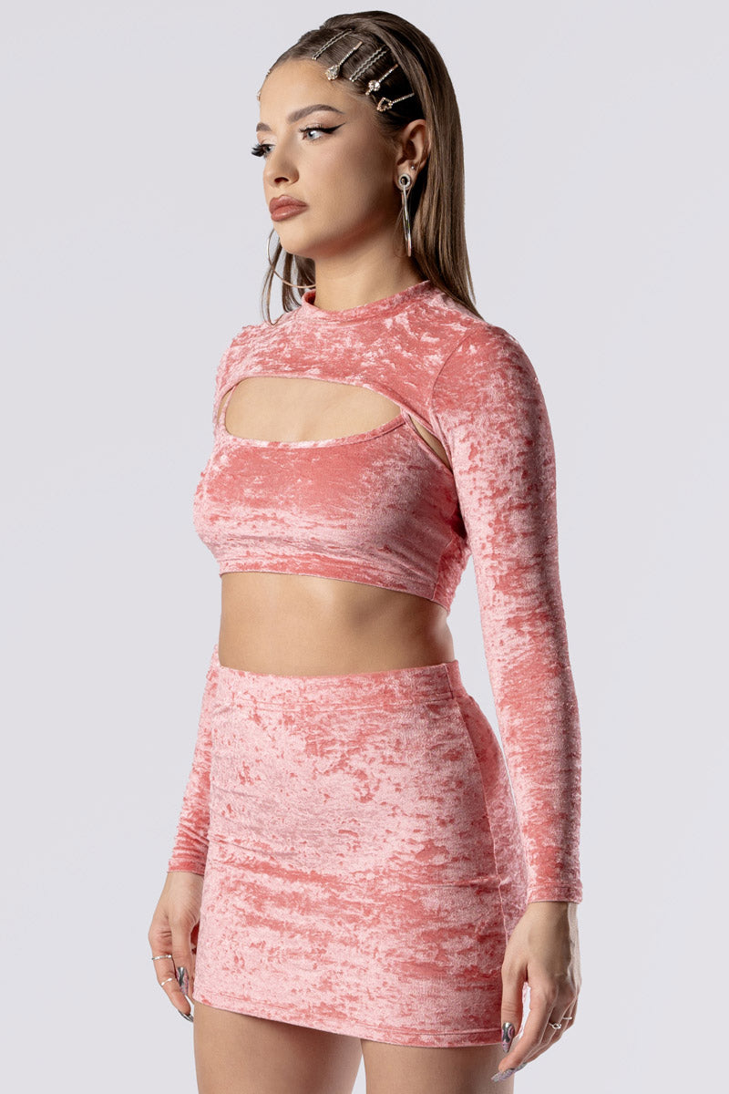 pink-champagne-mini-skirt-set-pink-velvet-close-side-view