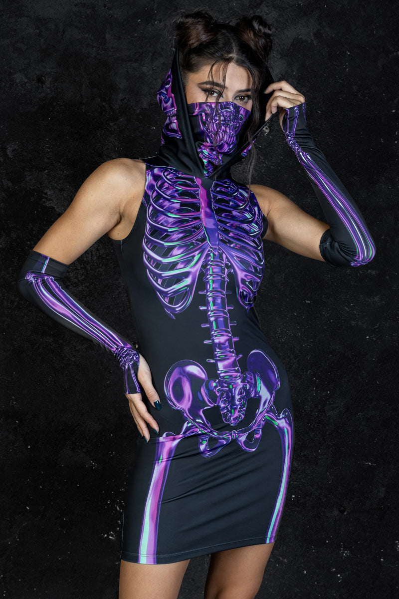 Purple Skeleton Hooded Dress with Mask Front View