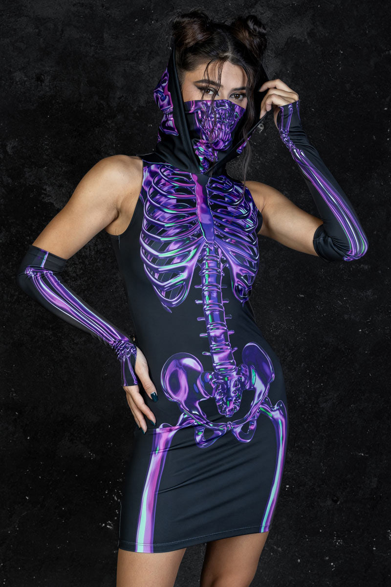Purple Skeleton Hooded Dress with Mask, Skeleton Printed Sheath Dress, High Neck Sleeveless Sexy Dress, Spandex Above Knee Halloween Dress with Hoodie Purple Skeleton Hooded Dress with Mask, Skeleton Printed Sheath Dress, High Neck Sleeveless Sexy Dress, Spandex Above Knee Halloween Dress with Hoodie