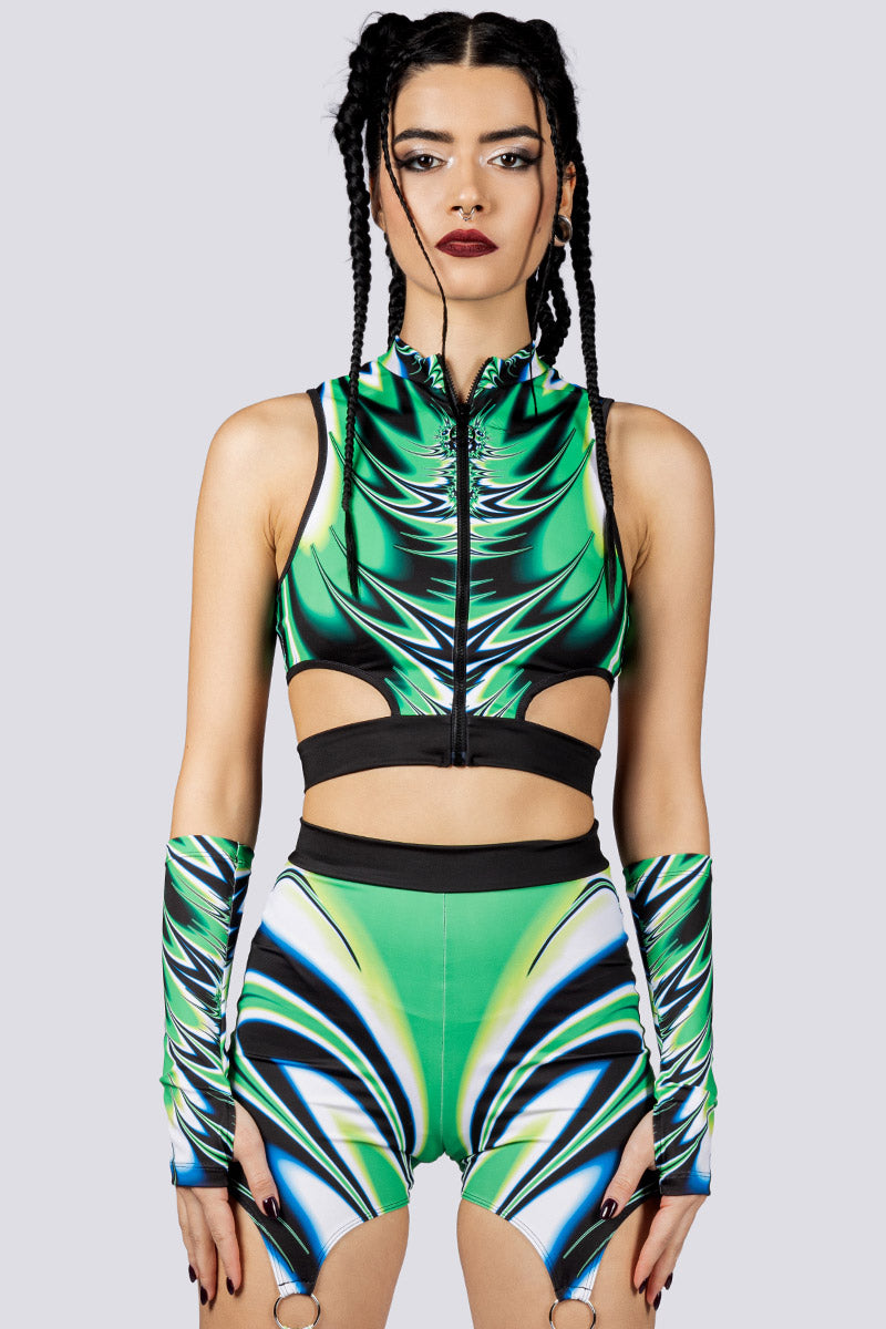 succulent leggings Spiky Succulent Cut Out Front Zip Top – Women’s Green Top for Festivals, XL