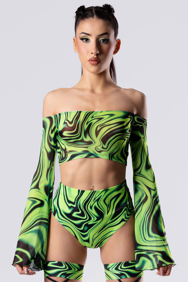 Toxic Drip Off Shoulder Mesh Neon Crop Top | Devil Walking