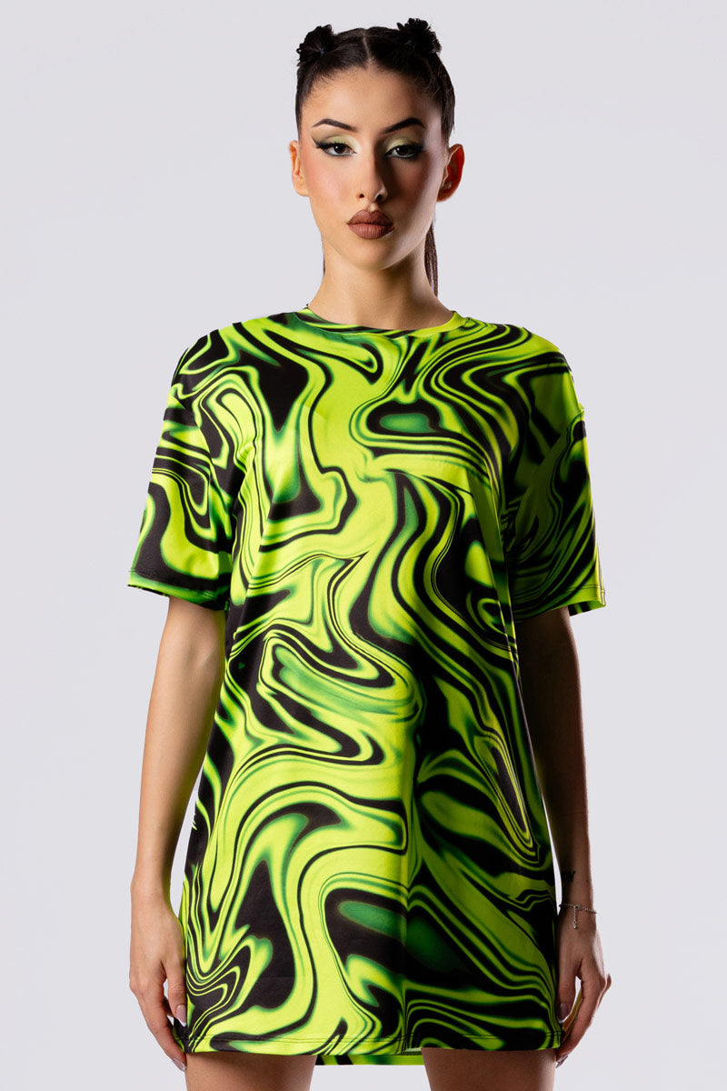 Toxic Drip Oversized Rave Tee Shirt Dress in Green | Devil Walking Toxic Drip Oversized Rave Tee Shirt Dress in Green | Devil Walking