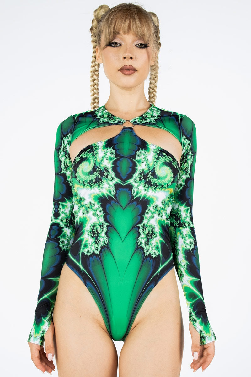 Verdant Visions Cut Out Long Sleeved Bodysuit Front View