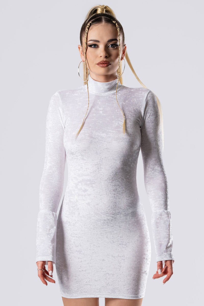 White Innocence Velvet High Neck Bodycon Dress – Long Sleeve Velvet Dress, XXL