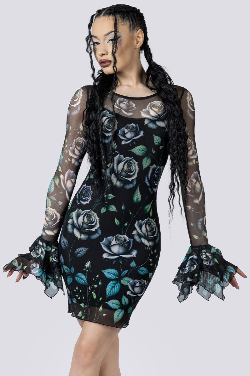 gothic bodycon dress Widow Garden Mini – Goth Outfit with Roses, XL Color:Red Stripe