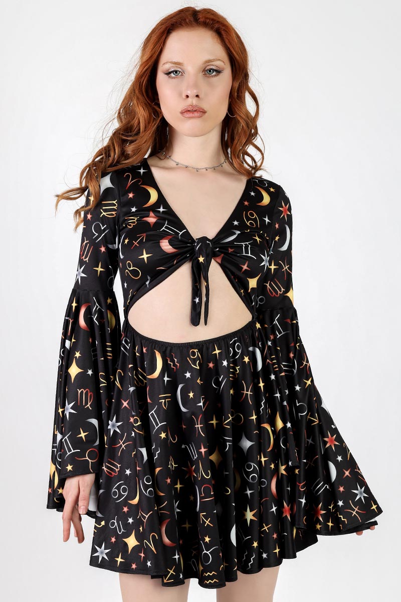 Black Zodiac Gems Front Tie Knot Dress with Bell Sleeves | DevilWalking