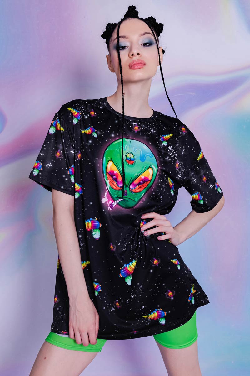 Alien 420 Weed Oversized Tee Dress in Black Devil Walking
