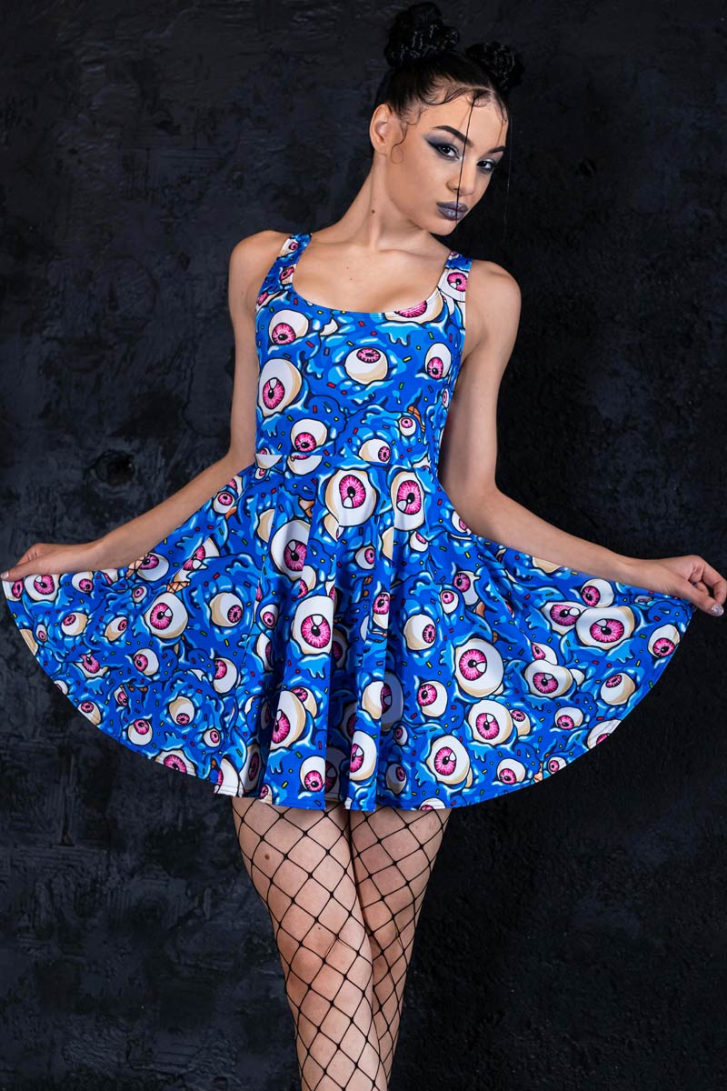 Blue Eyes Cream Skater Dress, Spooky Halloween Dress For Women, Cute Blue Skater Dress For Halloween, Blue Pastel Goth Dress With Open Back , M