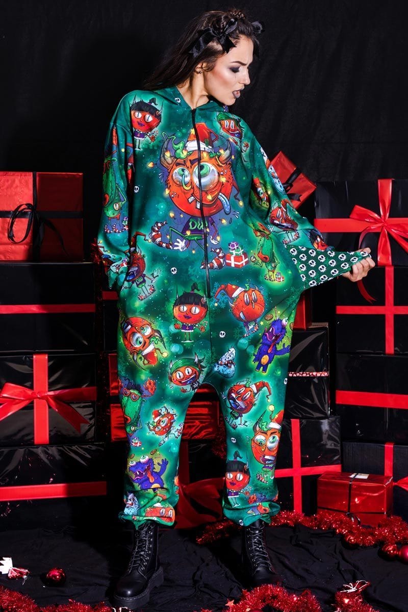 Christmas Onesie with Devils in Green for Women Devil Walking