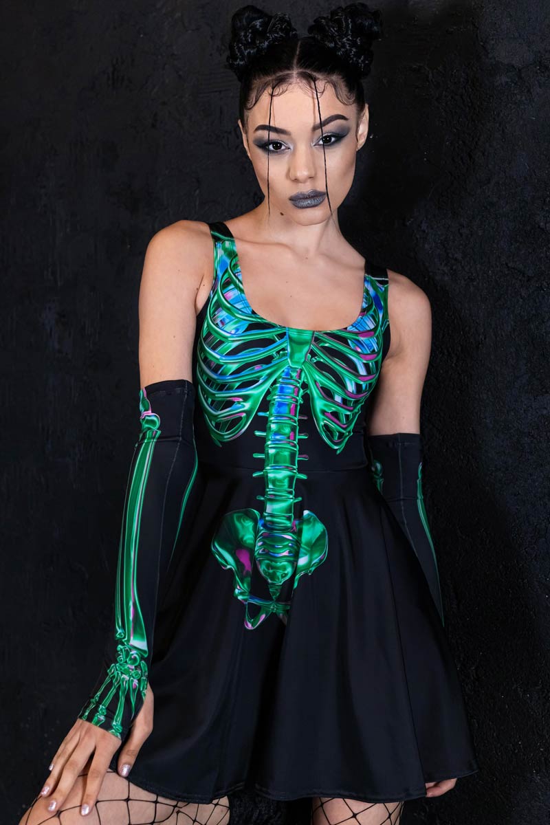 Emerald Skeleton Skater Dress for Halloween, XXL Emerald Skeleton Skater Dress for Halloween, XXL