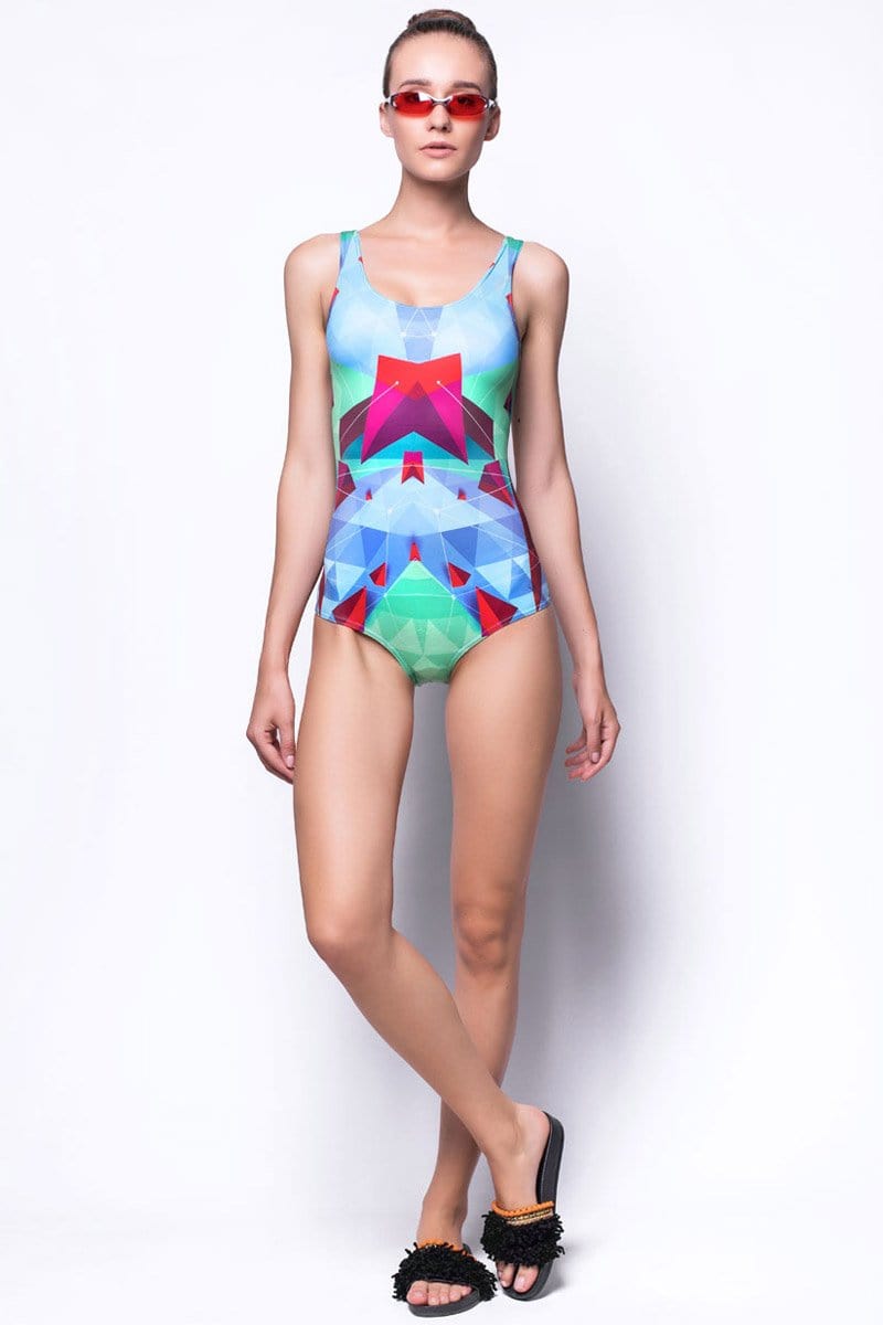 Green Abstract One Piece Swimsuit Full View