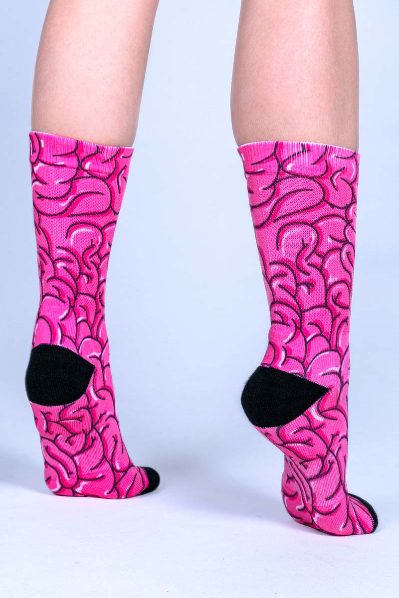 Cute Pink Crew Socks with Brain Print for Women