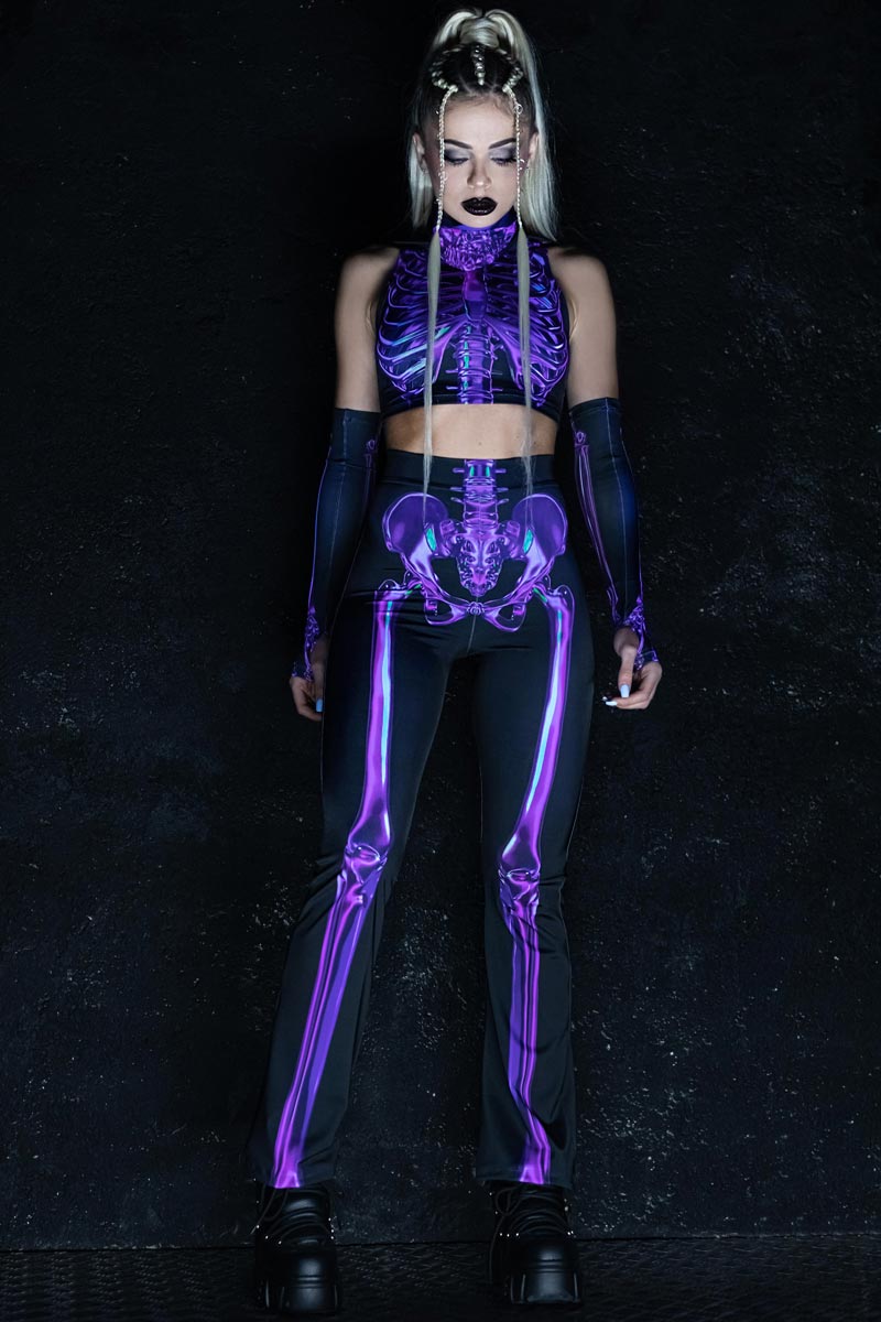 Purple Skeleton Bell Bottoms Set Front View