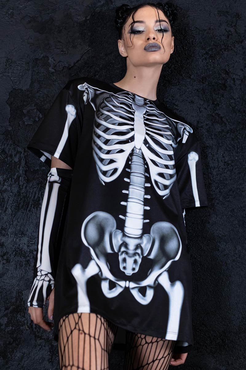 black and white skeleton dress Skeleton Printed Gothic Long Sleeve Dress – The Official Strange & Creepy  Store!