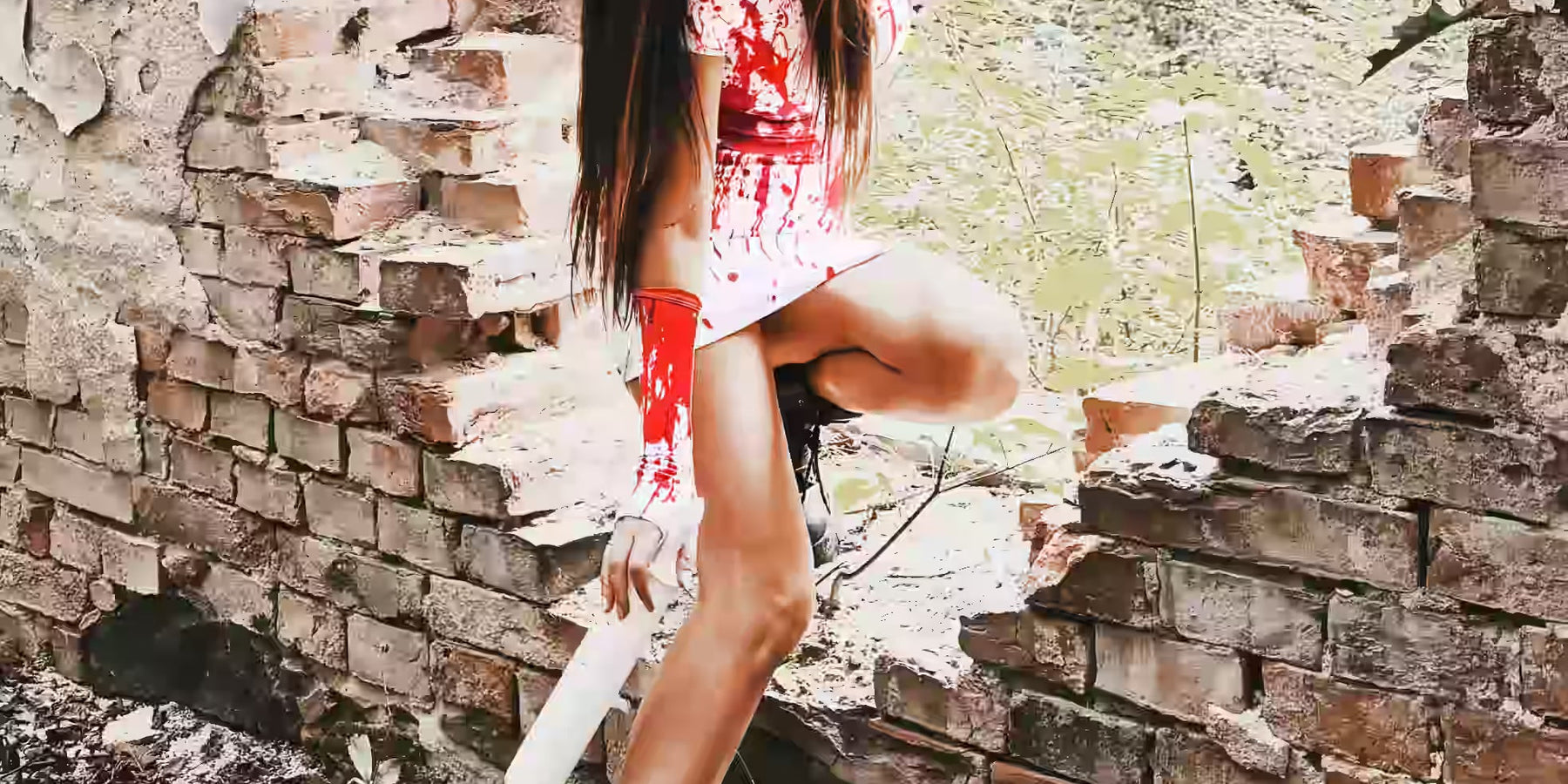 Woman wearing a blood-splattered nurse costume with a matching headpiece and black platform boots, posing in an abandoned brick building.