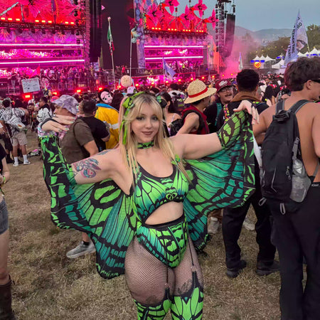 woman wearing rave butterfly outfit perfect for edm festival