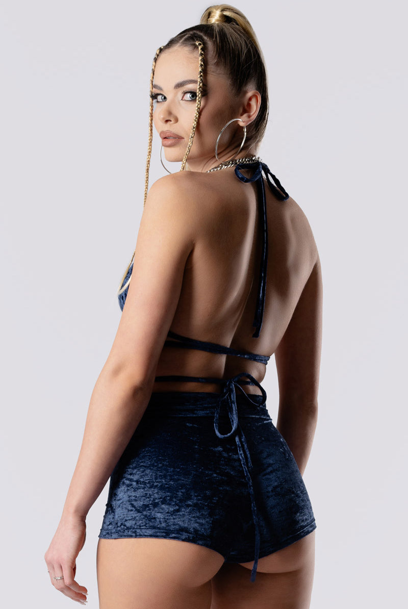 Cosmic-Indigo-High-Waisted-Shorts-Set-blue-velvet-Half-Back-View