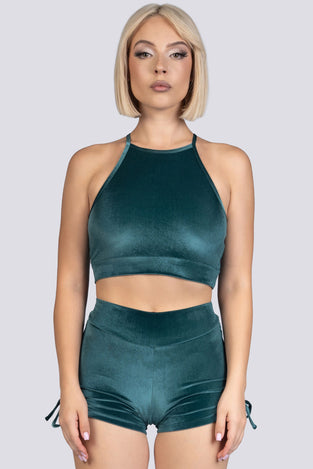 Abyssal Jade Halter Crop Top - Green Velvet Stripper Outfit