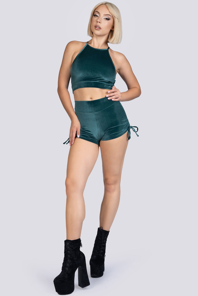 Abyssal Jade High Waisted Tie Side Shorts - Green Velvet Dancewear