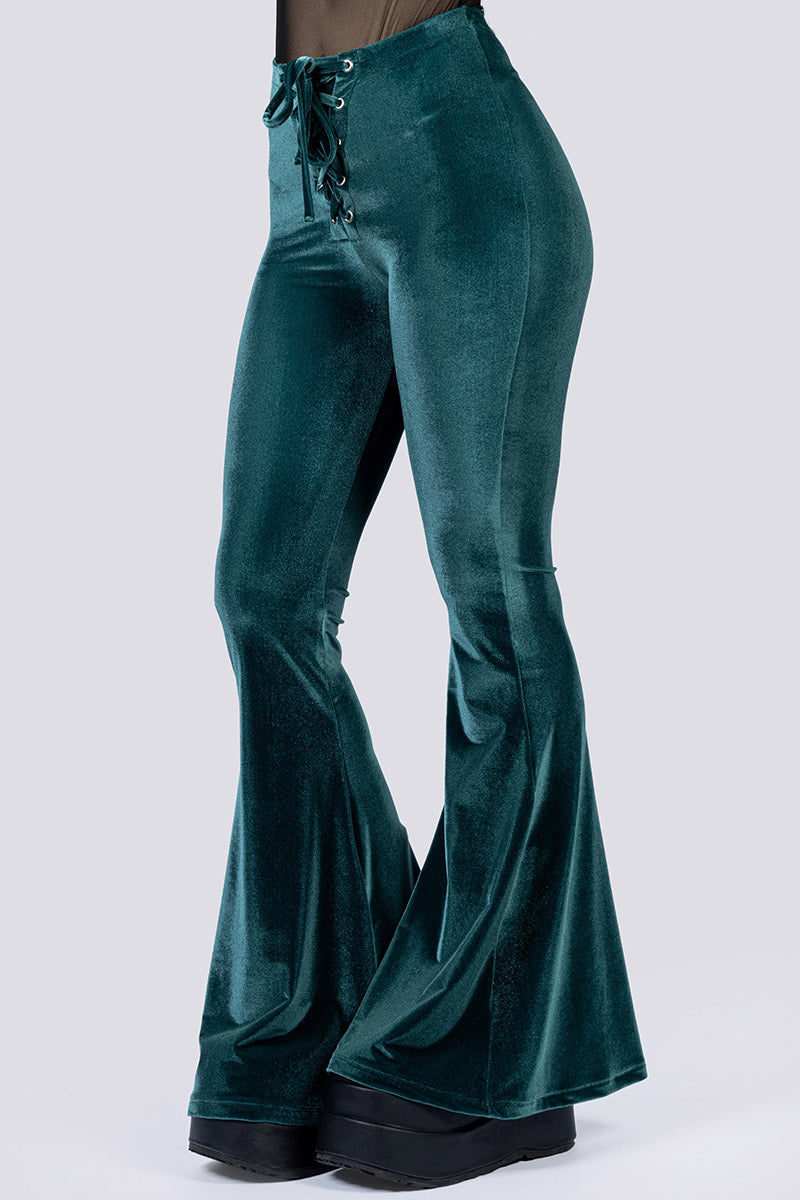 Abyssal Jade Lace Up Flare Pants - Green Velvet | Devil Walking