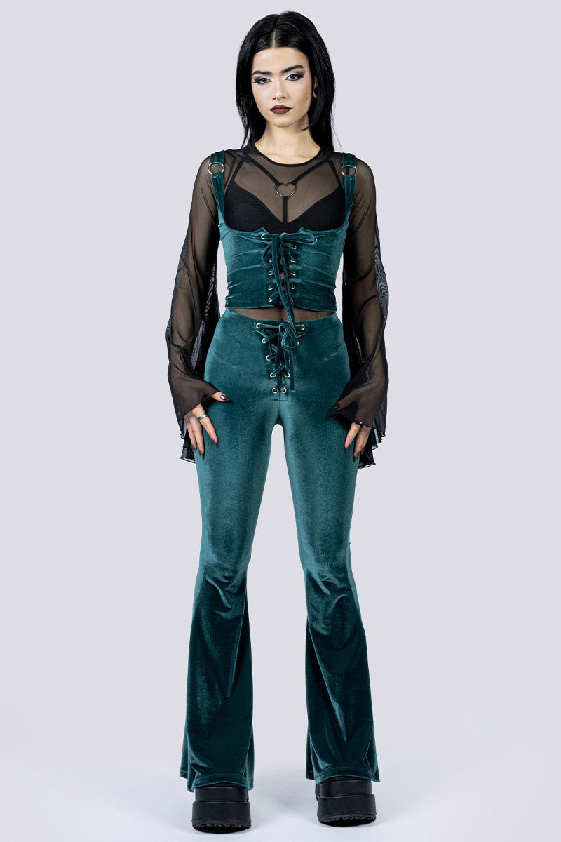 Abyssal Jade Lace Up Flare Pants - Green Velvet | Devil Walking