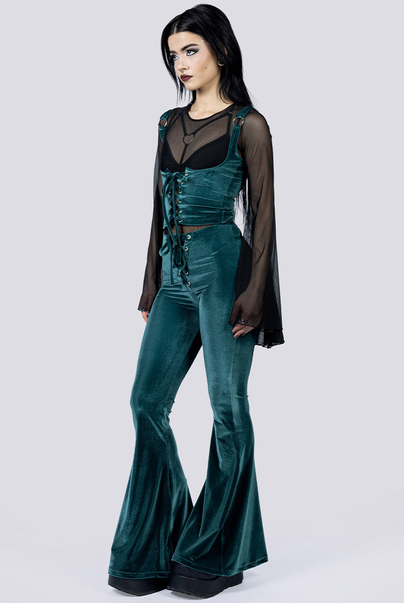 Abyssal Jade Lace Up Flare Pants Side Goth Wear