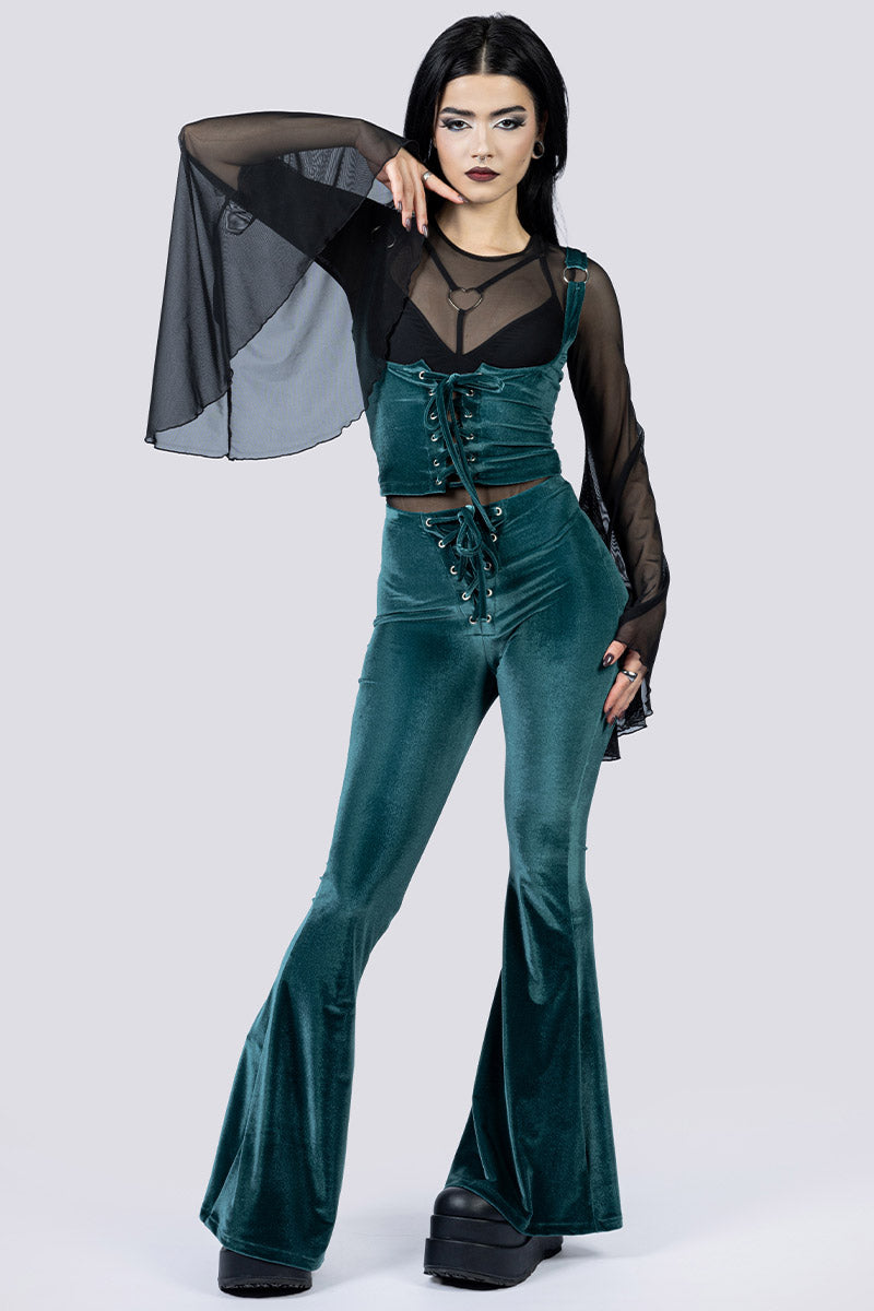 Abyssal Jade Lace Up Flare Pants - Green Velvet | Devil Walking