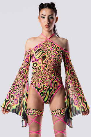 Rave Outfit Acid Euphoria Bell Sleeve Bodysuit Close Front View