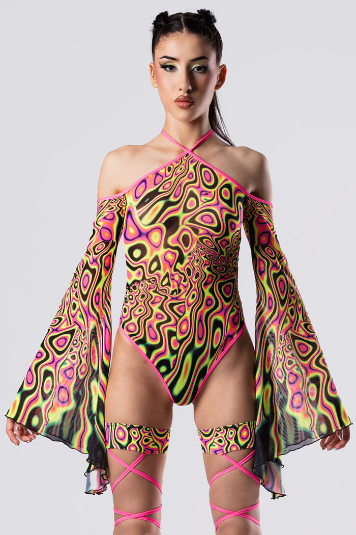 Rave Outfit Acid Euphoria Bell Sleeve Bodysuit Close Front View