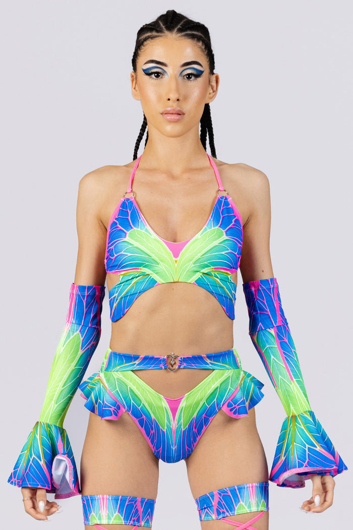 Rave Outfit Acid Pixie Butterfly Cut Out Ruffle Shorts Set Close View