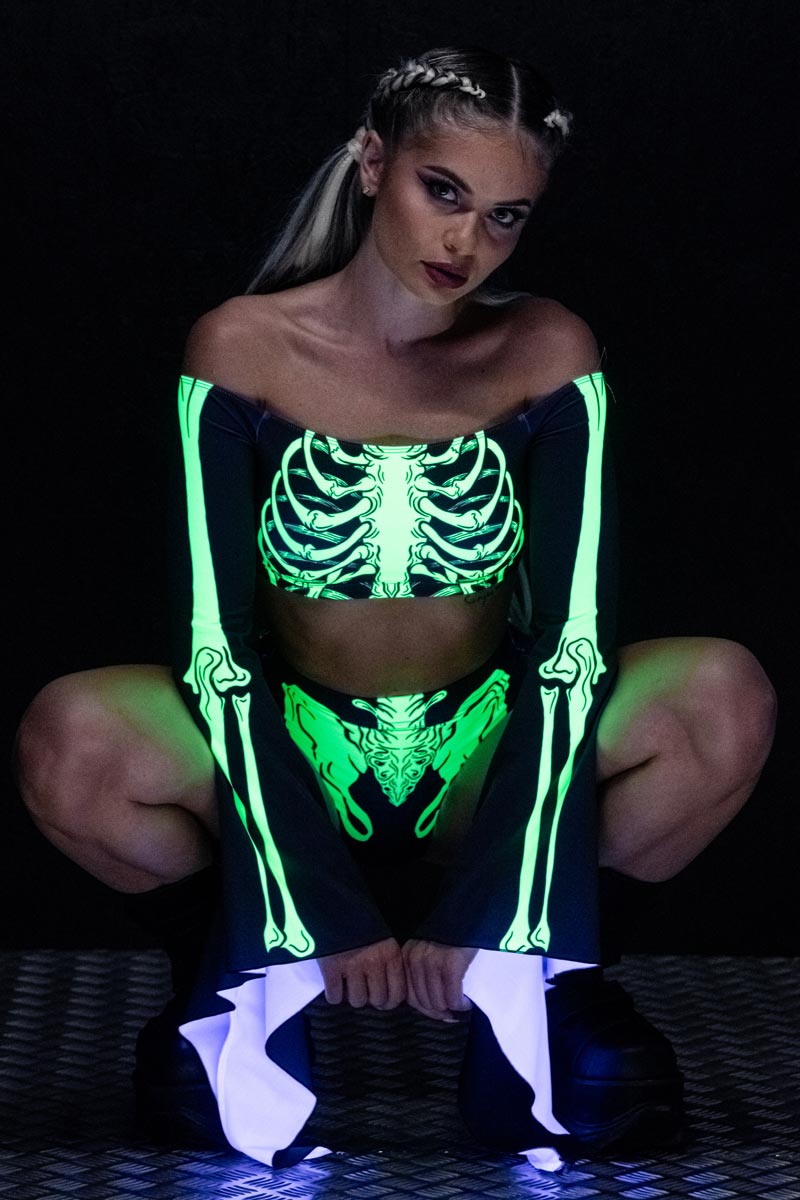 Acid Skeleton Booty Shorts Set UV Close View