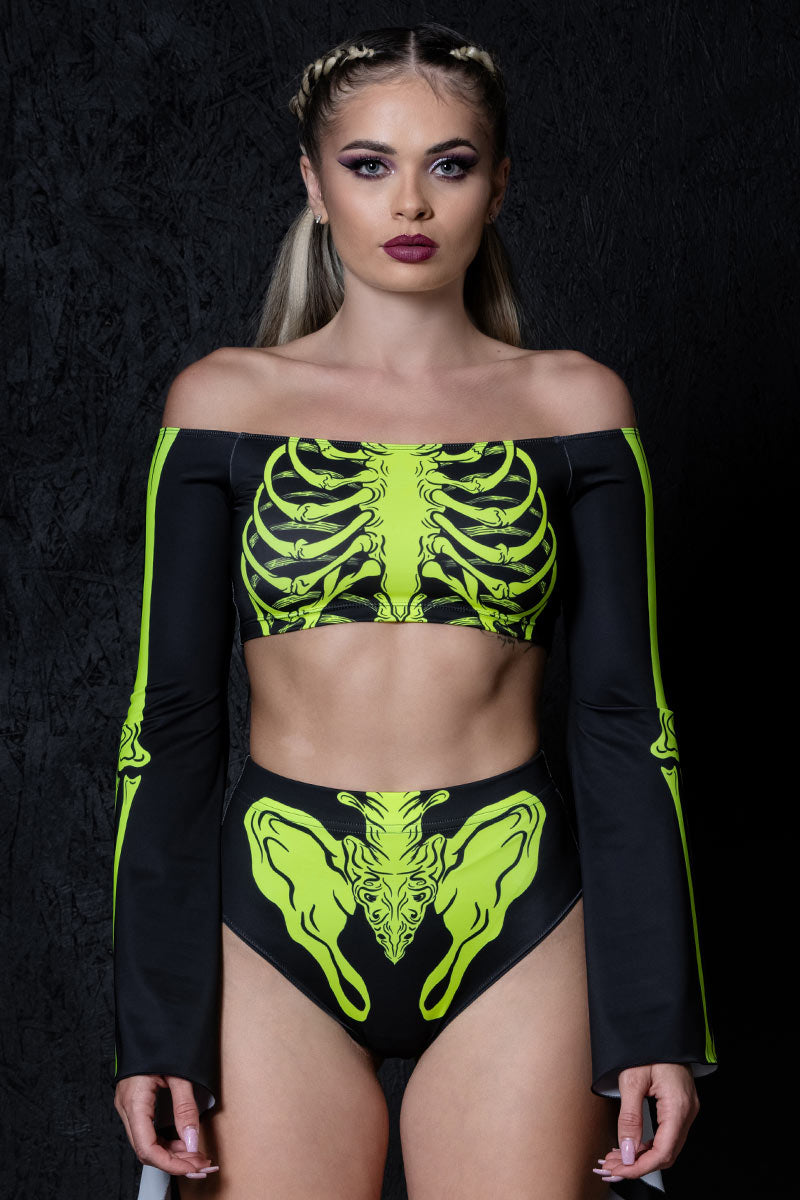 Chromatic Skeleton Off Shoulder Long Sleeve Crop Top | Devil