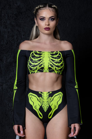 Acid Skeleton Off Shoulder Long Sleeve Crop Top Front View