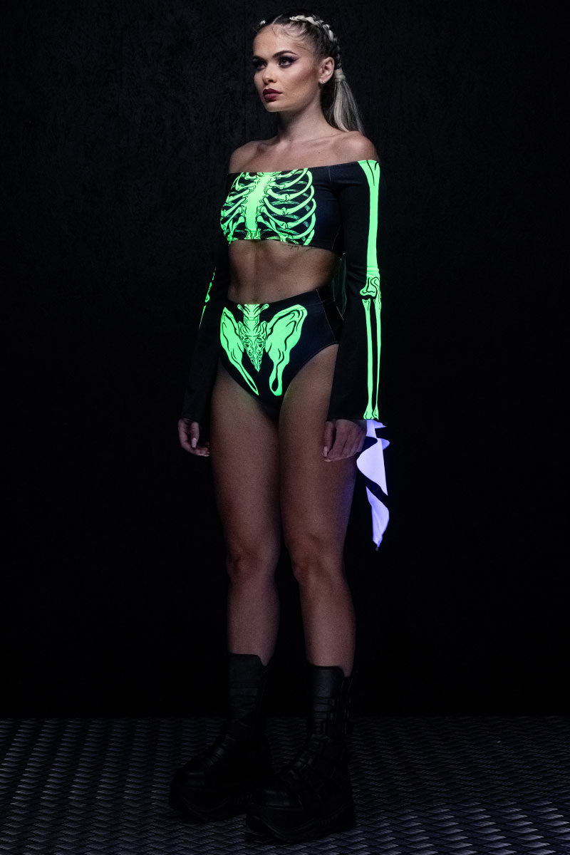 Acid Skeleton Off Shoulder Long Sleeve Crop Top UV Side View