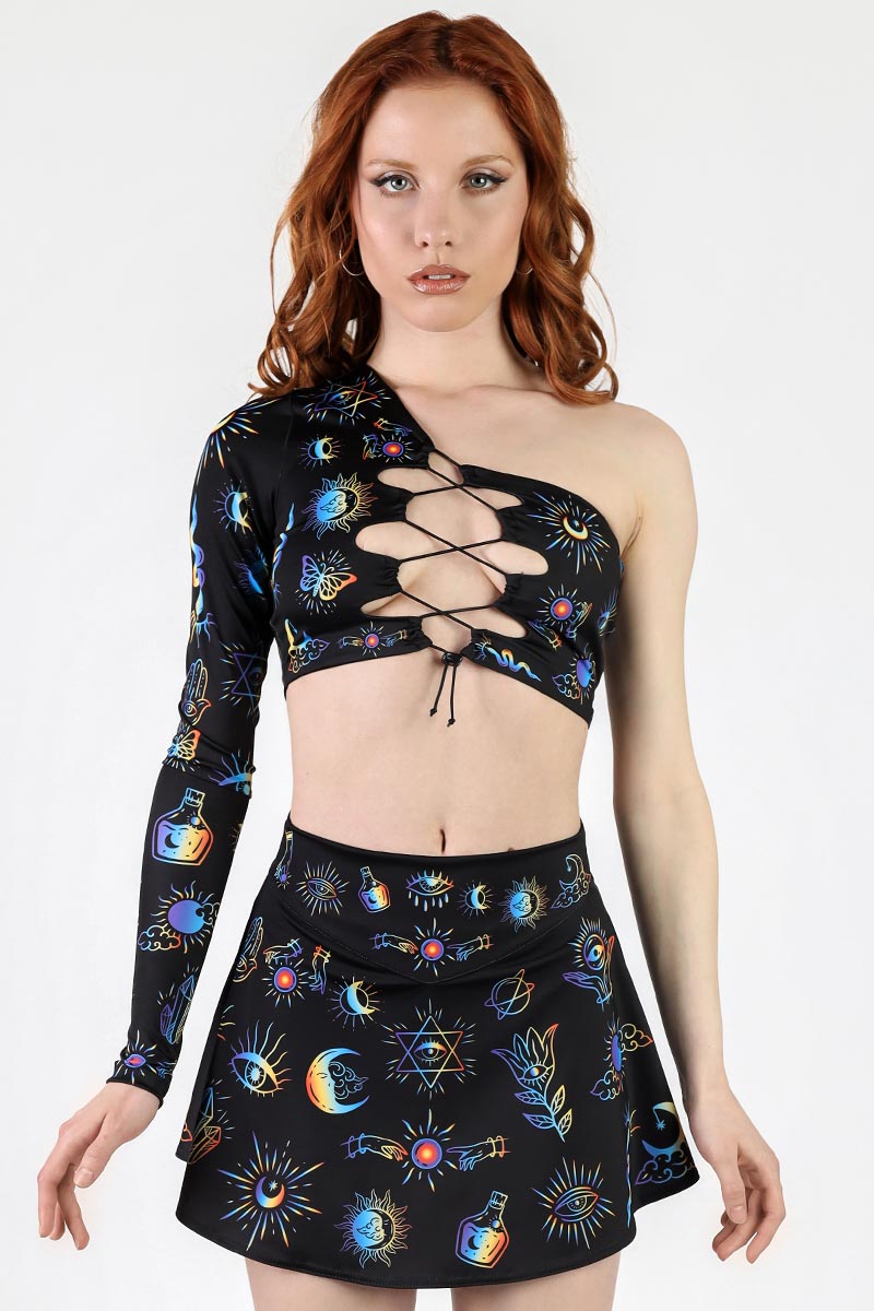 Alchemist's Illusion One Shoulder Long Sleeve Crop Top Front View