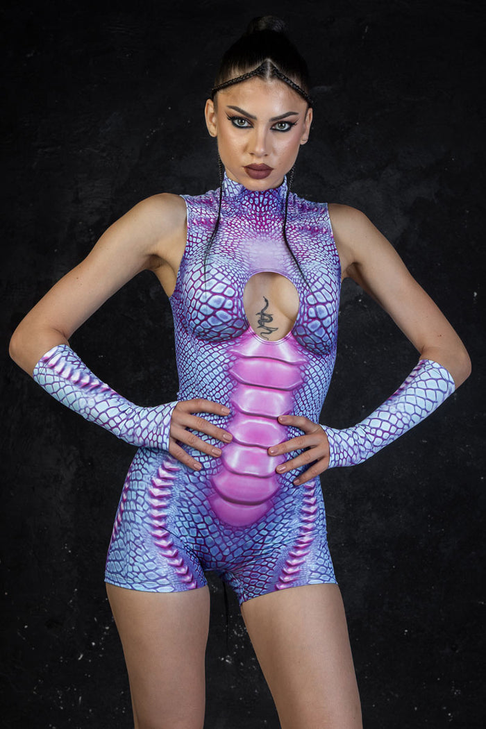 Rave Outfit Aqua Reptile Cut Out Romper Close View