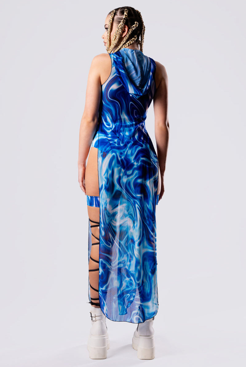 blue rave dress FULL OUTFIT- Fantasy clothes,rave outfits,edc outfits,rave Medium doesnt it Aqua Wave Mesh Hooded Tunic